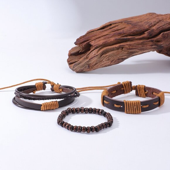 3/$35 Men's Leather Braided Boho Bracelet Set Adjustable Brown Wristband Stack - Picture 5 of 7